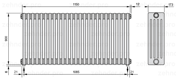 Схема (чертеж) Радиатор Zehnder Charleston 5090/25 №3570 Белый глянцевый RAL 9016
